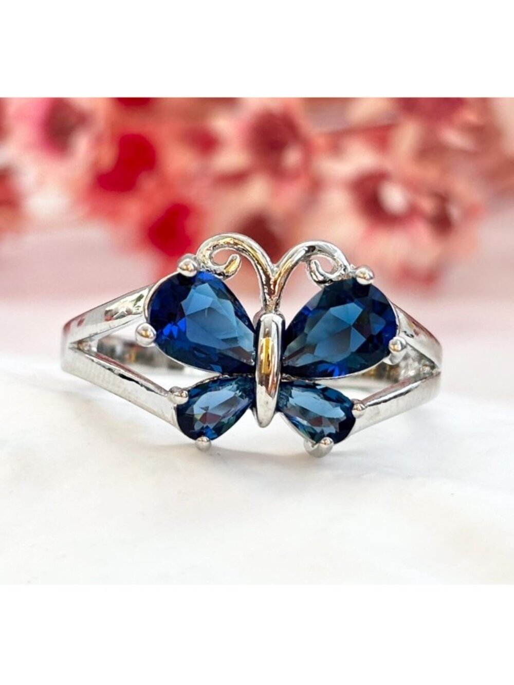 Butterfly Figural Blue CZ Vintage Sterling Silver 925 Vintage Ring - sz 8.25